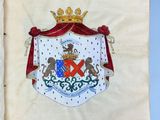 an open book with a coat of arms and a crown on it