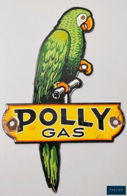 a green parrot sitting on top of a sign that says polly gas