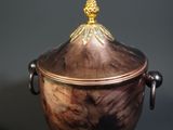 an image of a metal bowl with a gold lid and handles