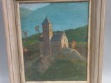 an oil painting of a castle on a hill with a blue sky in the background