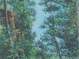 une peinture à l'huile représentant un sentier traversant une forêt, avec un bâtiment en arrière-plan