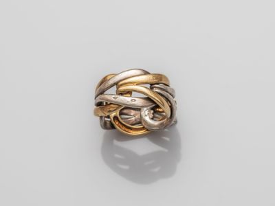 a close up of a gold and silver ring on a white surface