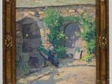 an oil painting of a person sitting on a bench in front of a building