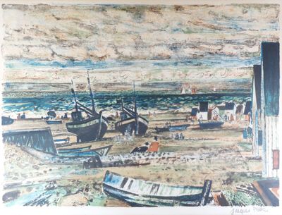 une image d'une peinture de bateaux sur la plage