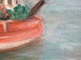 an oil painting of a boat in the water with a house in the background