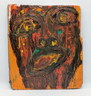 an image of a painting of a face on an orange background