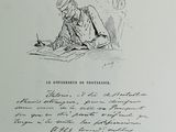 a black and white drawing of a man sitting at a desk