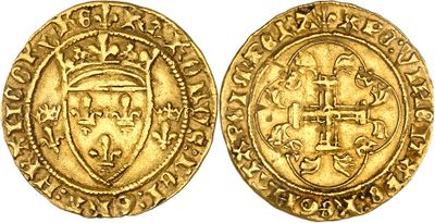 a gold coin with a crown on the front and a shield on the back
