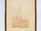 peinture représentant un paysage avec des arbres et un bâtiment au loin