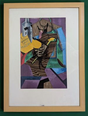 painting of a woman holding a bottle of wine and a bottle of liquor