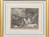 an image of a painting of a woman sitting on a sheep