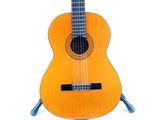 an image of a wooden guitar on a stand on a white background