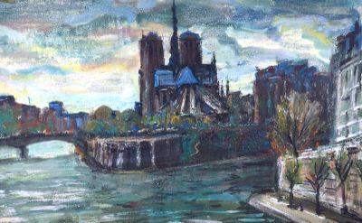 tableau représentant un tableau d'une rivière avec un pont en arrière-plan