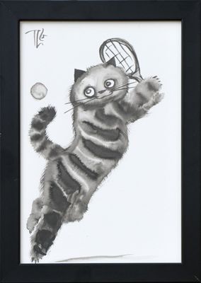 painting of a cat playing tennis with a ball and racket