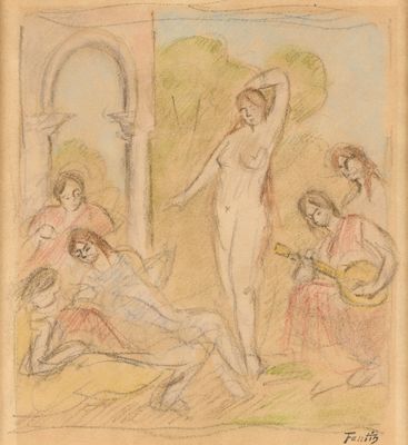 une image représentant le dessin d'une femme jouant de la guitare devant un groupe de personnes