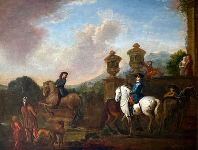 painting of a painting of a man on a horse with a group of people in the background