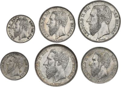 six different types of silver coins with heads of men and women