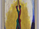 tableau représentant une femme tenant un parapluie devant un soleil jaune