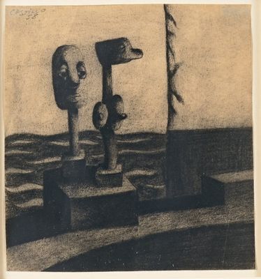 une image représentant un dessin en noir et blanc de deux sculptures