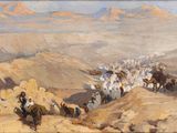 un tableau représentant un groupe de personnes à cheval dans le désert