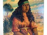 an oil painting of a woman sitting in a field