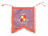 an orange and purple banner with a red and yellow square on it