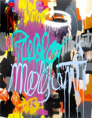 painting of a vase with graffiti on a wall with writing on it