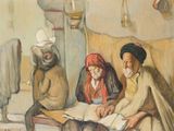 painting of a group of people sitting around a table in a room