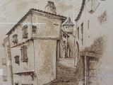 dessin d'une scène de rue avec des bâtiments et un lampadaire