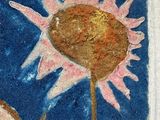 a painting of a man riding a horse with a sun in the background