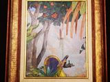 tableau représentant une femme en robe jaune tenant un oiseau dans la main