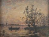 une peinture représentant un homme dans un bateau sur l'eau