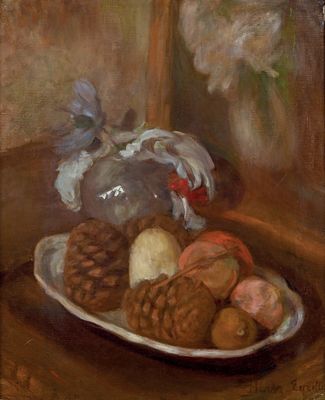 une peinture représentant une assiette de fruits et de noix posée sur une table