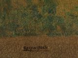 a picture of a painting of a field with trees in the background