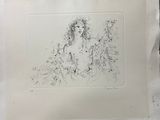 un dessin à l'encre représentant une femme assise sur une chaise à côté d'une plante