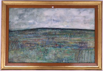 une peinture à l'huile représentant un champ avec une colline au loin