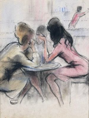 dessin représentant un groupe de personnes assises autour d'une table dans un café