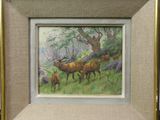 une image représentant un tableau montrant un troupeau de cerfs dans un champ