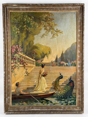 tableau représentant une femme dans un bateau avec des paons et un homme dans un autre bateau
