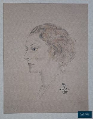 a drawing of a woman in profile with her head turned to the side