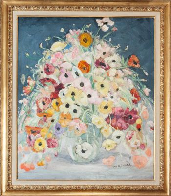 an oil painting of flowers in a vase on a table