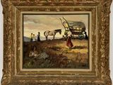 an oil painting of a wagon with people and horses in a field