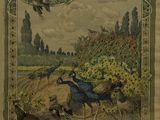 an old book with a picture of two birds and a dog