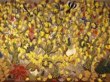 an image of a painting of birds and flowers on a wall