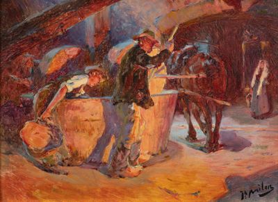 a painting of a group of people standing around a barrel