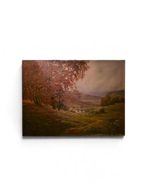 un tableau représentant un paysage avec des arbres et des moutons au premier plan