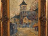 an oil painting of a church with a clock tower in the background