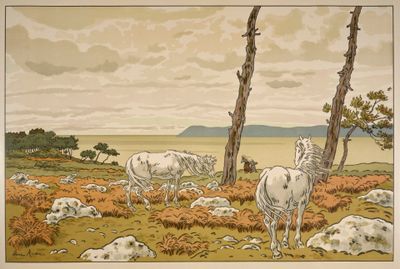 tableau représentant un troupeau de bovins paissant dans un champ bordé d'arbres
