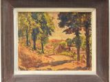 an oil painting of a country road with a house in the distance