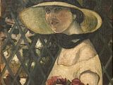 painting of a woman with a hat and a bouquet of flowers